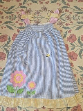 Blueberi Boulevard Blue & Yellow Striped Flower Appliqué Dress
